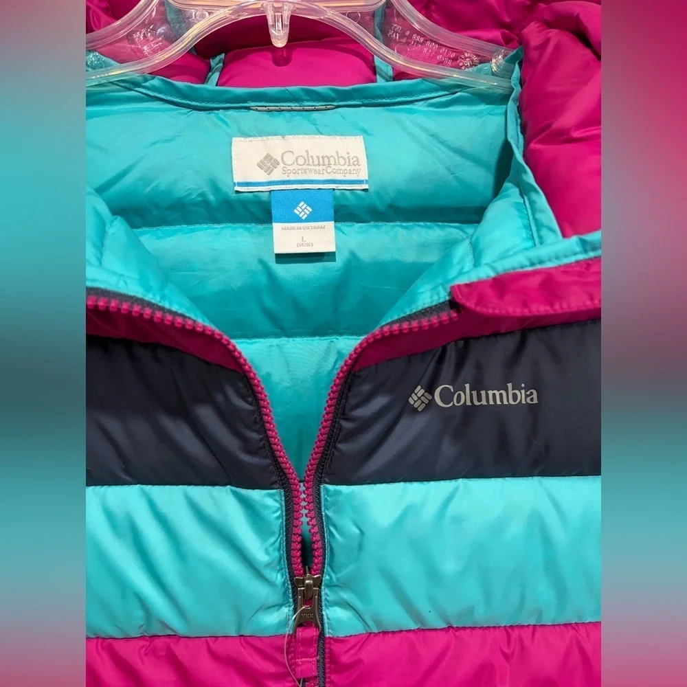 Columbia Girl's Large Tumble Rock Down Hooded Jacket NWT Pink Blue Puffer Ski